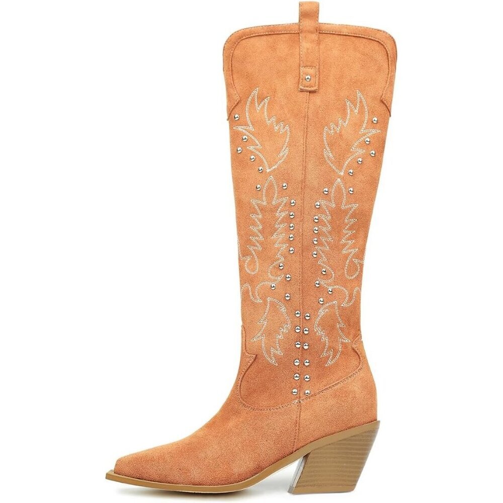 ⚡Women Tan Faux Suede Thick Heels Pointed toe Embroided Rivets Riding Boots